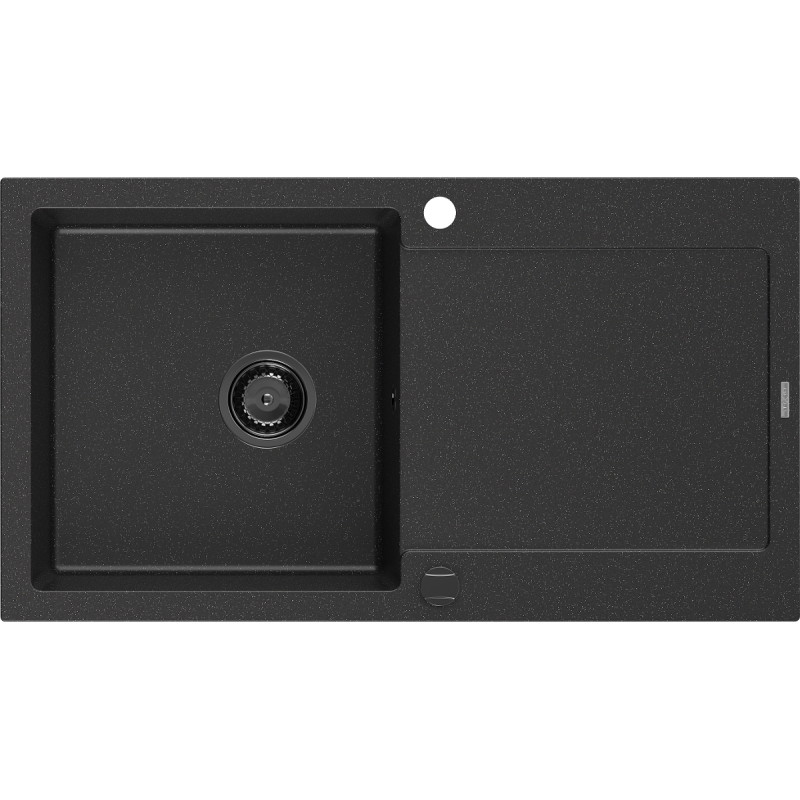Mexen Leo gránit mosogató 1-medencés csepegtetővel 900 x 500 mm, fekete/ezüst metál, fekete szifon - 6501901010-73-B