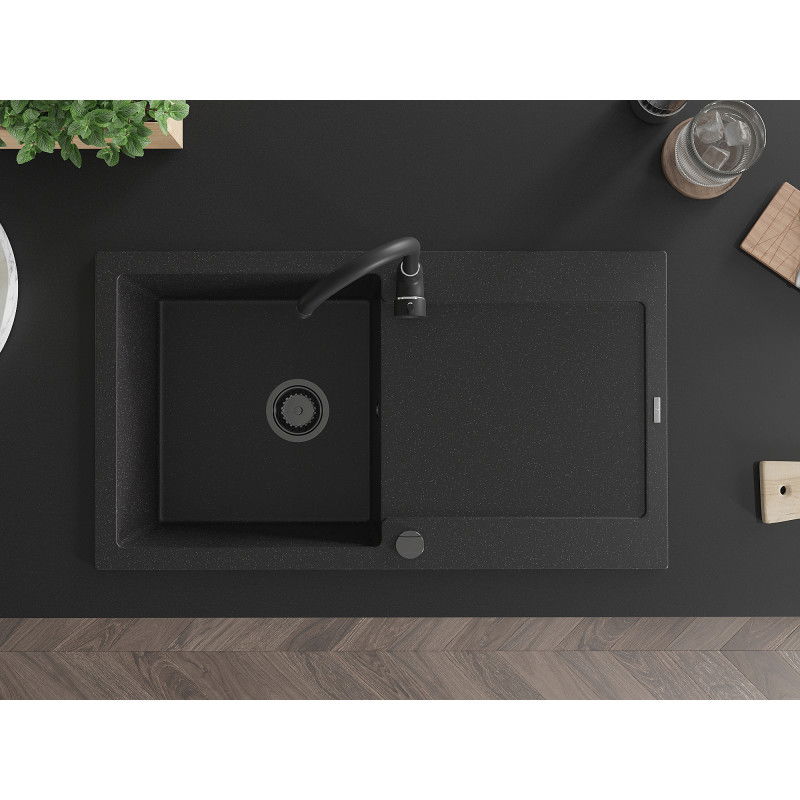 Mexen Leo chiuvetă granitică cu 1 compartiment și picurător 900 x 500 mm, negru/argintiu metalic, sifon negru - 6501901010-73-B