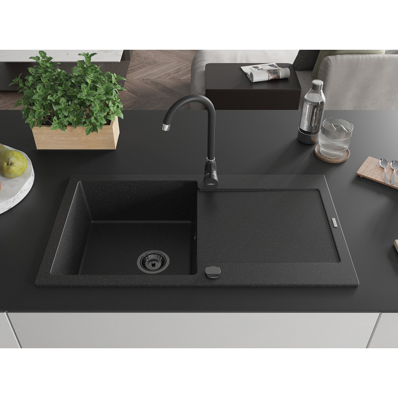 Mexen Leo gránit mosogató 1 rekesszel és csepegtetővel 900 x 500 mm, fekete/ezüst metál, fekete szifon - 6501901010-73-B