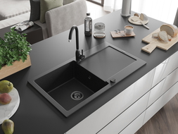 Mexen Leo chiuvetă granitică cu 1 compartiment și picurător 900 x 500 mm, negru/argintiu metalic, sifon negru - 6501901010-73-B