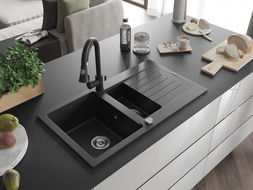Mexen Matias Chiuvetă de granit de 1,5 compartiment cu picurător mic 900 x 505 mm, Neagră/Argintiu metalic - 6502901505-73