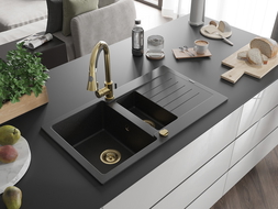 Mexen Matias chiuvetă granit 1,5 cu scurgător 900 x 505 mm, negru/argintiu metalic, sifon auriu - 6502901505-73-G