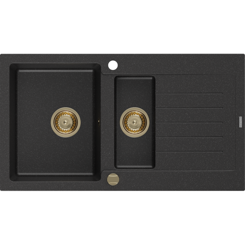 Mexen Matias chiuvetă din granit cu 1,5 compartimente și scurgător 900 x 505 mm, negru/metal argintiu, sifon auriu