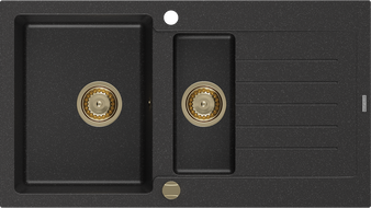Mexen Matias chiuvetă din granit cu 1,5 compartimente și scurgător 900 x 505 mm, negru/metal argintiu, sifon auriu