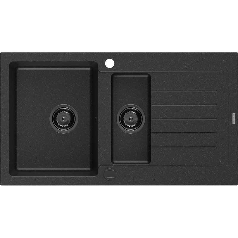 Mexen Matias 1,5 rekeszes csepegtetős gránit mosogató 900 x 505 mm fekete/ezüst metál, fekete szifon - 6502901505-73-B
