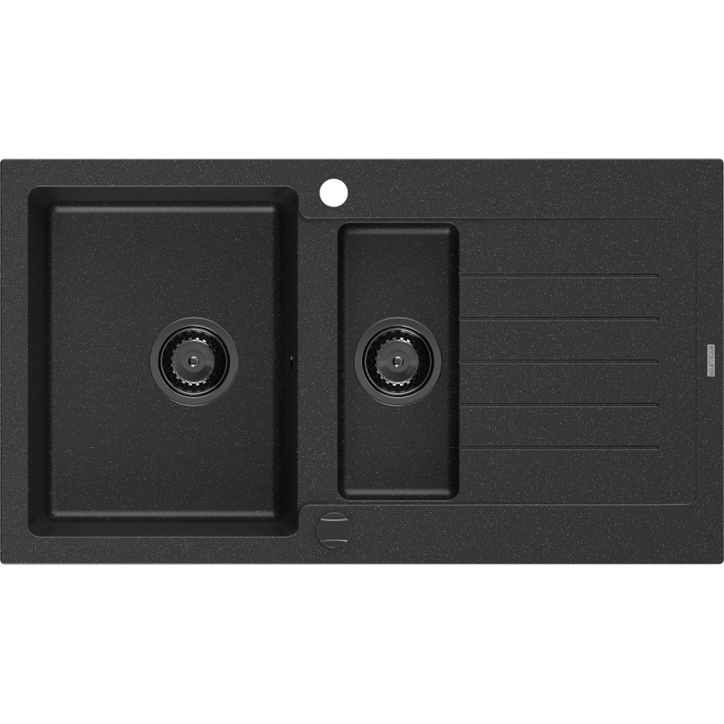 Mexen Matias chiuvetă de granit cu 1,5 compartimente și scurgător 900 x 505 mm negru/argintiu metalizat, sifon negru