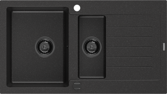 Mexen Matias gránit mosogató 1,5-medencés csepegtetővel 900 x 505 mm fekete/ezüst metál, fekete szifon - 6502901505-73-B