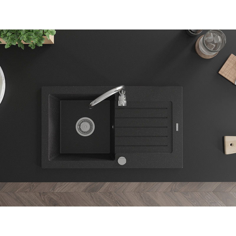 Mexen Pablo chiuvetă granit 1-cameră cu scurgător 752 x 436 mm, negru/argintiu metalic, sifon crom - 6510751010-73