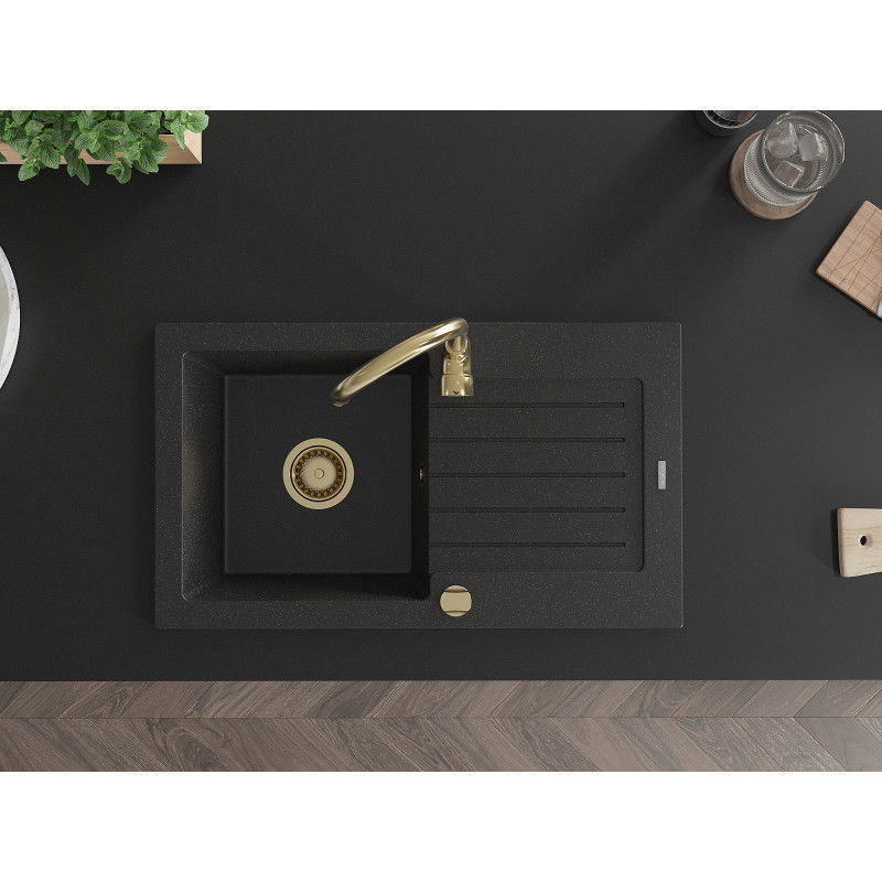 Mexen Pablo chiuvetă de granit cu 1 cuvă și picurător 752 x 436 mm, negru/argintiu metalic, sifon auriu - 6510751010-73-G