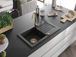 Mexen Pablo chiuvetă de granit 1-cuvă cu picurator 752 x 436 mm, negru/argintiu metalic, sifon auriu - 6510751010-73-G