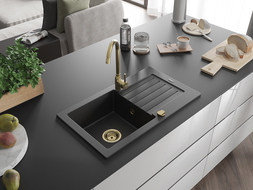 Mexen Pablo chiuvetă de granit cu 1 cuvă și picurător 752 x 436 mm, negru/argintiu metalic, sifon auriu - 6510751010-73-G