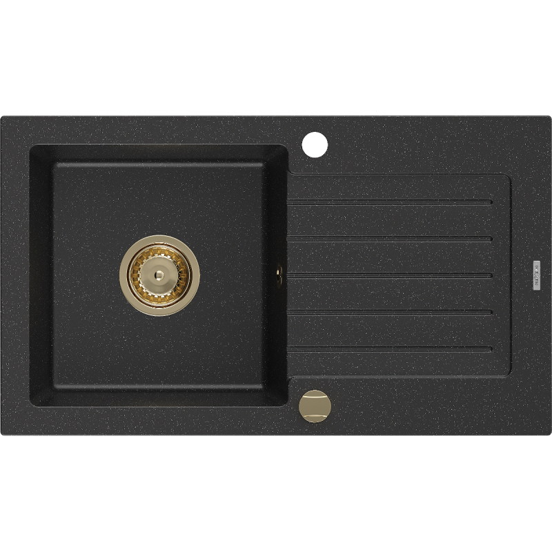 Mexen Pablo 1 rekeszes, csepegtetős gránit mosogató 752 x 436 mm, fekete/ezüst metál, arany szifon - 6510751010-73-G