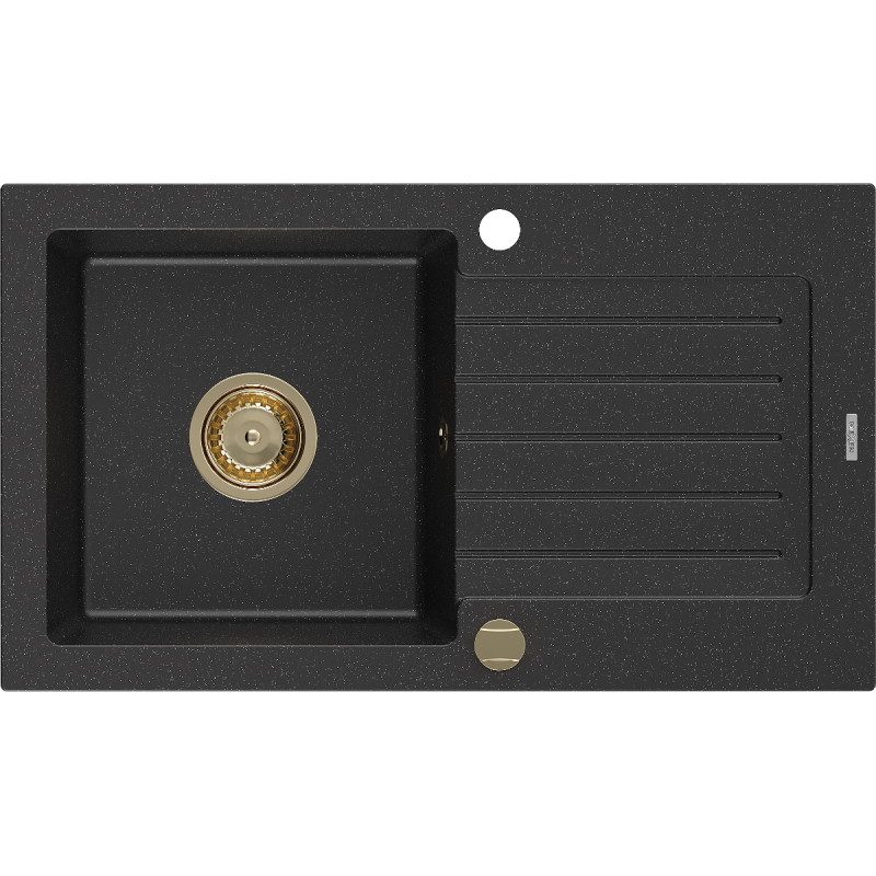 Mexen Pablo chiuvetă de granit 1-cuvă cu picurator 752 x 436 mm, negru/argintiu metalic, sifon auriu - 6510751010-73-G