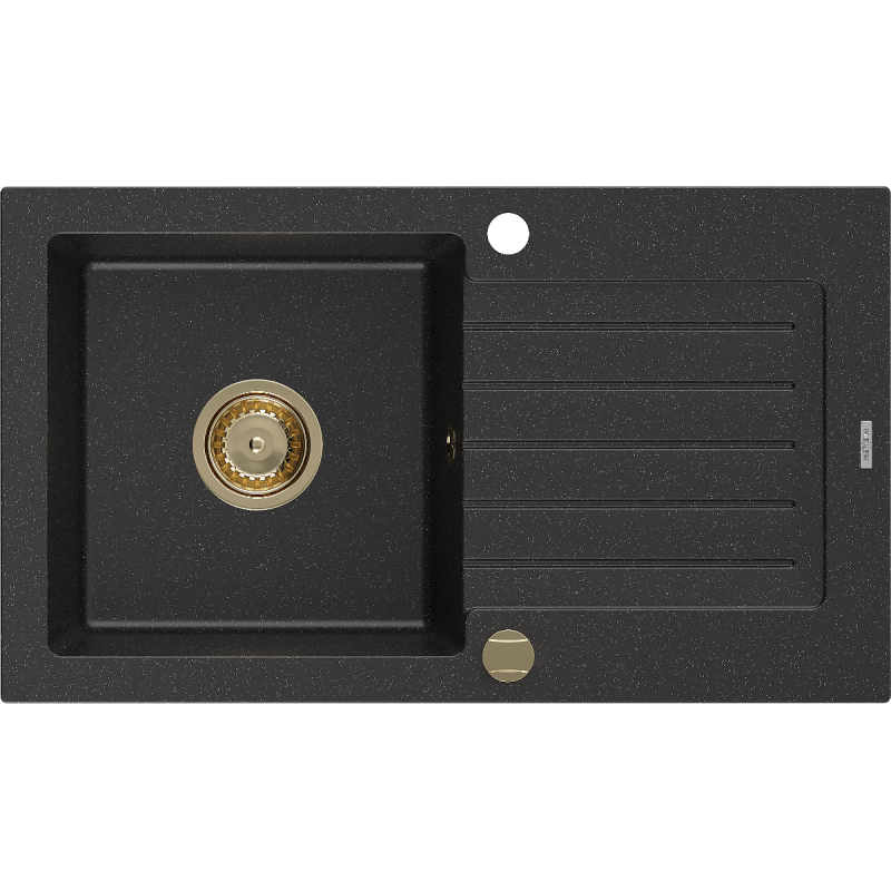 Mexen Pablo chiuvetă din granit cu 1 compartiment și scurgător 752 x 436 mm, negru/argintiu metalic, sifon auriu - 6510751010-7?