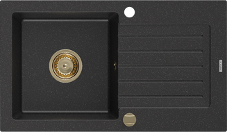Mexen Pablo 1 rekeszes, csepegtetős gránit mosogató 752 x 436 mm, fekete/ezüst metál, arany szifon - 6510751010-73-G