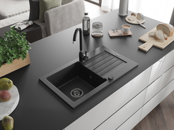 Mexen Pablo chiuvetă de granit 1-cameră cu scurgător 752 x 436 mm, negru/argintiu metalizat, sifon negru - 6510751010-73-B