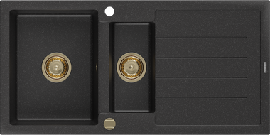 Mexen Andres chiuvetă de bucătărie din granit cu 1,5 cuve și scurgător 1000 x 500 mm negru/argintiu metalizat, sifon auriu