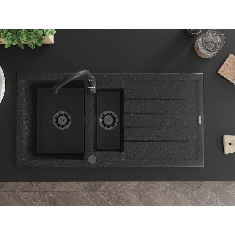 Mexen Andres chiuvetă de granit cu 1,5 cuve și scurgător 1000 x 500 mm negru/metalic argintiu sifon negru - 6515101510-73-B