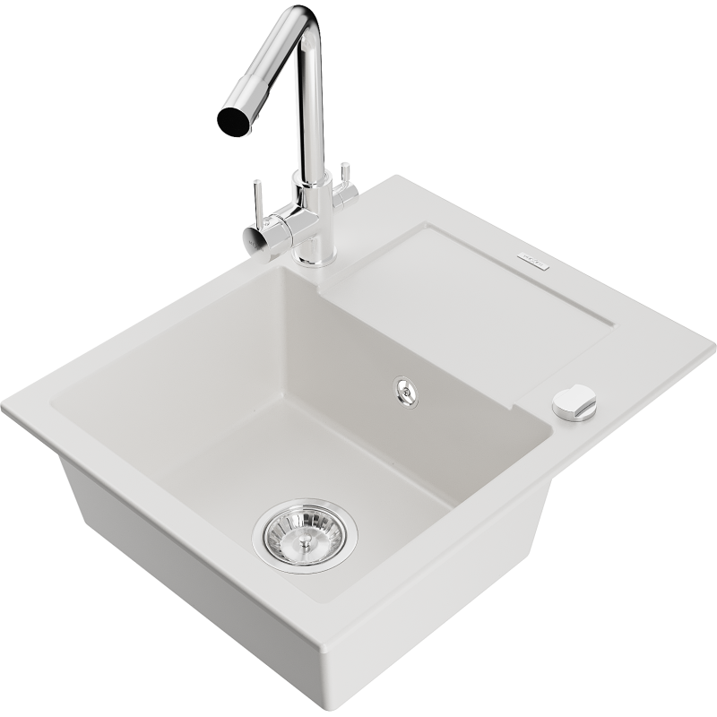 Chiuveta de granit Mexen Enzo cu 1 compartiment cu scurgător și baterie de bucătărie Duero, alb - 6506-20-671600-00