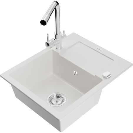 Chiuveta de granit Mexen Enzo cu 1 compartiment cu scurgător și baterie de bucătărie Duero, alb - 6506-20-671600-00