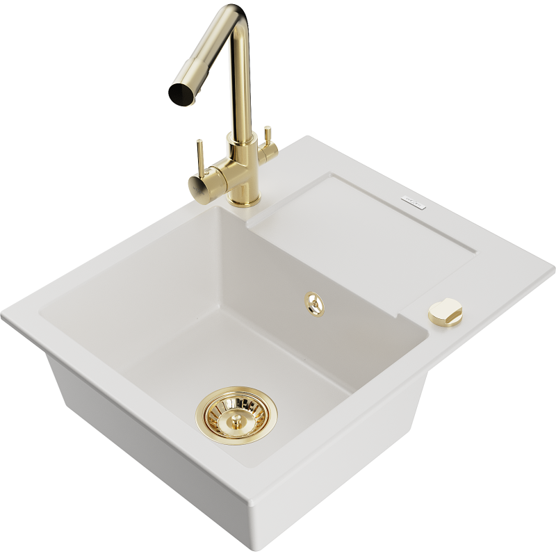 Mexen Enzo 1-medencés gránit mosogató csepegtetővel és Duero konyhai csapteleppel, fehér - 6506-20-671600-50