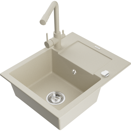 Mexen Enzo chiuvetă de granit cu o cuvă și scurgător și robinet de bucătărie Duero, bej - 6506-69-671600-69