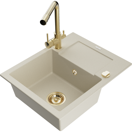 Mexen Enzo 1-medencés gránit mosogatótálca csepegtetővel és Duero konyhai csapteleppel, bézs - 6506-69-671600-50