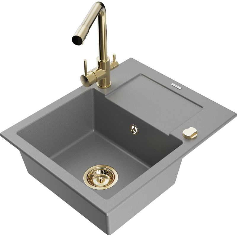 Mexen Enzo chiuvetă de granit cu 1 compartiment cu scurgător și baterie de bucătărie Duero, gri - 6506-71-671600-50