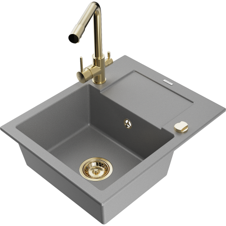 Mexen Enzo chiuvetă de granit cu 1 compartiment cu scurgător și baterie de bucătărie Duero, gri - 6506-71-671600-50