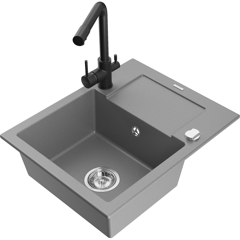 Mexen Enzo chiuvetă de granit cu 1 compartiment, cu scurgător și baterie de bucătărie Duero, gri - 6506-71-671600-70
