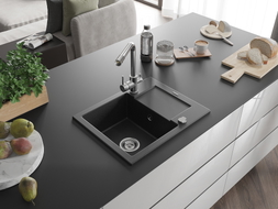 Mexen Enzo 1 rekeszes gránit mosogató edényszárítóval és Duero konyhai csappal, fekete/ezüst metál - 6506-73-671600-00