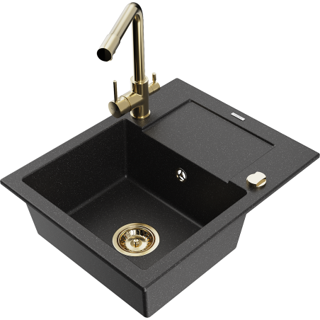 Mexen Enzo chiuvetă de granit cu o cuvă și scurgător și baterie de bucătărie Duero, negru/metalic argintiu
