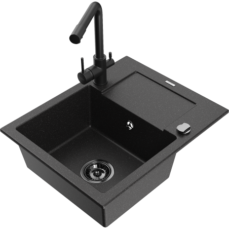 Mexen Enzo chiuvetă de bucătărie din granit cu 1 compartiment cu scurgător și baterie Duero, negru/metalizat argintiu