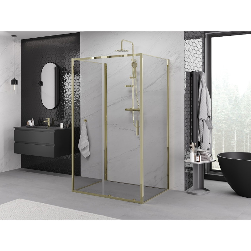 Mexen Exo-S 3S 3-falú, 155 x 95 cm méretű, átlátszó, arany színű tolóajtós zuhanykabin - 8151-155-095-50-00-3S