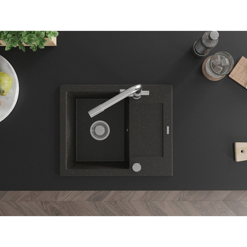Mexen Enzo 1-medencés gránit mosogató csepegtetővel és Duero konyhai csapteleppel, fekete/arany metál - 6506-75-671600-00