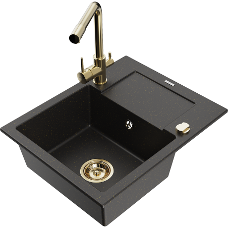 Mexen Enzo chiuvetă de granit cu 1 compartiment cu scurgător și baterie de bucătărie Duero, negru/auriu metalizat