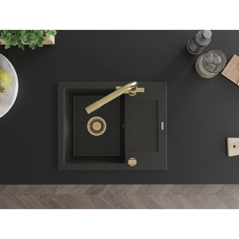 Mexen Enzo gránit mosogató 1-medencés csepegtetővel és Duero konyhai csapteleppel, fekete/arany metál - 6506-75-671600-50