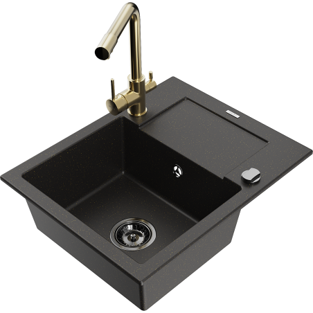 Mexen Enzo gránit mosogató 1-medencés csepegtetővel és Duero konyhai csapteleppel, fekete/arany metál