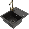 Mexen Enzo chiuvetă de granit 1-cameră cu scurgător și baterie de bucătărie Duero, negru/auriu metalic