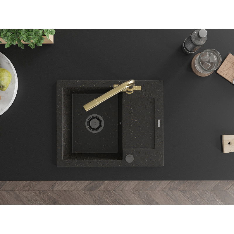Mexen Enzo chiuvetă de granit 1-cameră cu scurgător și baterie de bucătărie Duero, negru/auriu metalic