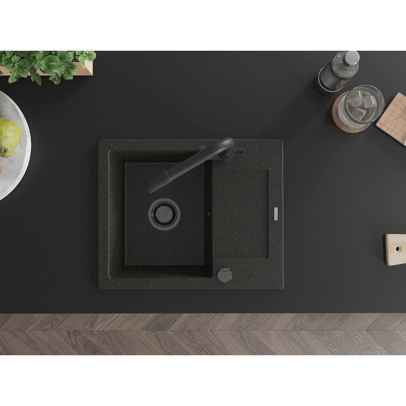 Mexen Enzo 1-medencés gránit mosogató lefolyótálcával és Duero konyhai csapteleppel, fekete/arany metál - 6506-75-671600-70-B