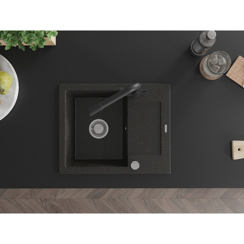 Mexen Enzo 1-kamrás gránit mosogató csepegtetővel és Duero konyhai csapteleppel, fekete/arany metál - 6506-75-671600-70