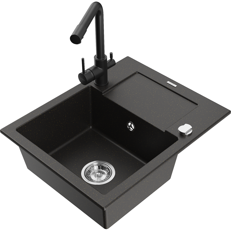 Mexen Enzo chiuvetă granit 1-vas cu scurgător și baterie de bucătărie Duero, negru/auriu metalic - 6506-75-671600-70