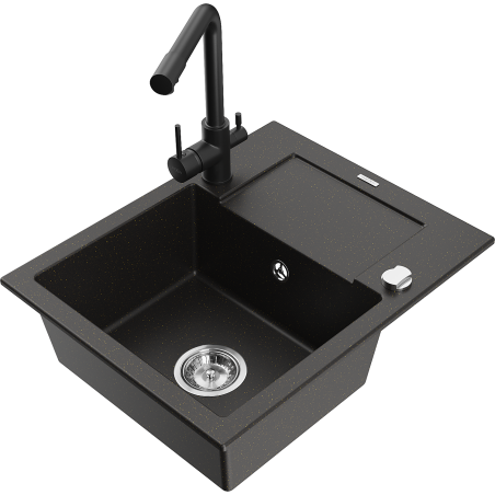 Mexen Enzo chiuvetă granit 1-vas cu scurgător și baterie de bucătărie Duero, negru/auriu metalic - 6506-75-671600-70