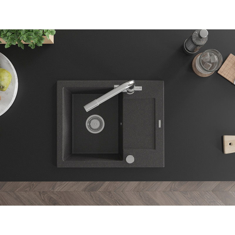Mexen Enzo egymedencés gránit mosogató csepptálcával és Duero konyhai csapteleppel, fekete foltos - 6506-76-671600-00