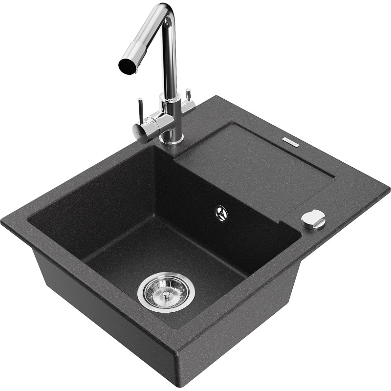 Mexen Enzo chiuvetă granitică cu o cuvă și scurgător și baterie de bucătărie Duero, negru cu pete - 6506-76-671600-00