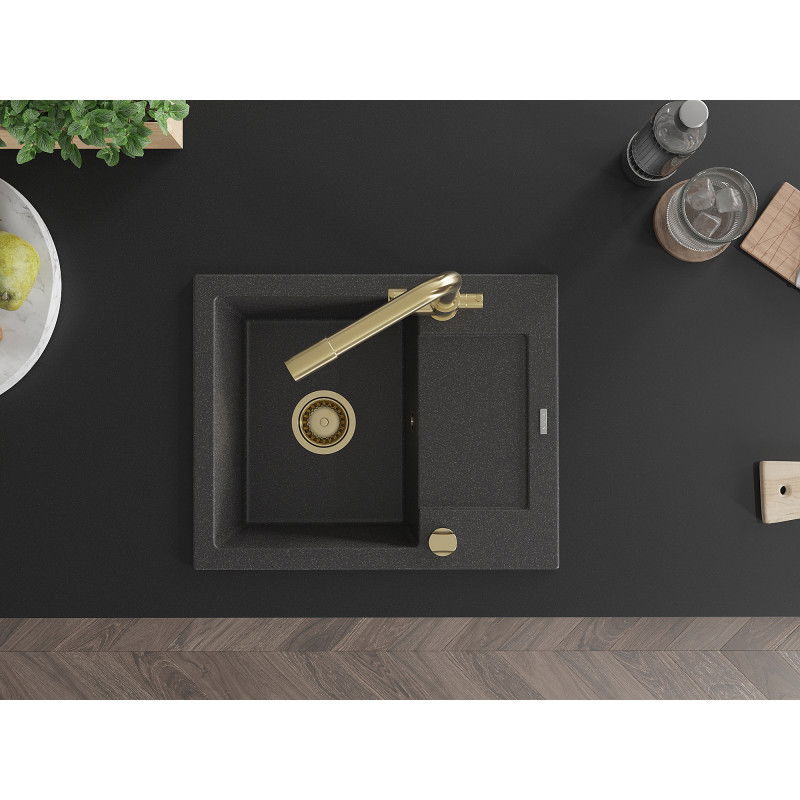 Mexen Enzo kőgránit mosogató 1-medencés csepegtetővel és konyhai csappal Duero, fekete pettyes - 6506-76-671600-50