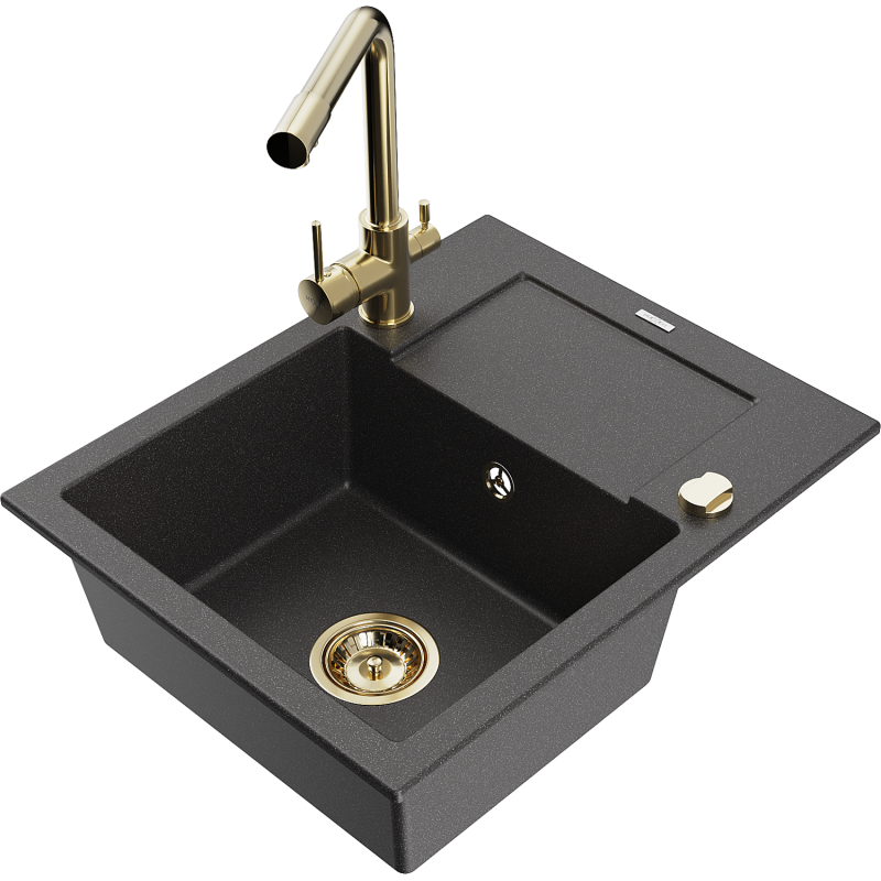 Mexen Enzo chiuvetă de granit, cu o singură cameră, cu picurător și baterie de bucătărie Duero, negru stropit