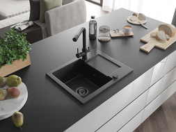 Chiuvetă granit Mexen Enzo 1-cameră cu scurgător și baterie bucătărie Duero, negru presărat - 6506-76-671600-70-B