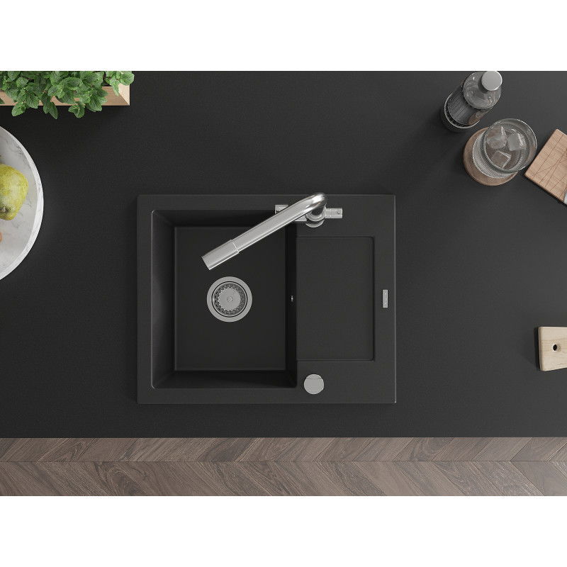 Mexen Enzo chiuvetă de granit cu 1 compartiment și scurgător și baterie de bucătărie Duero, negru - 6506-77-671600-00